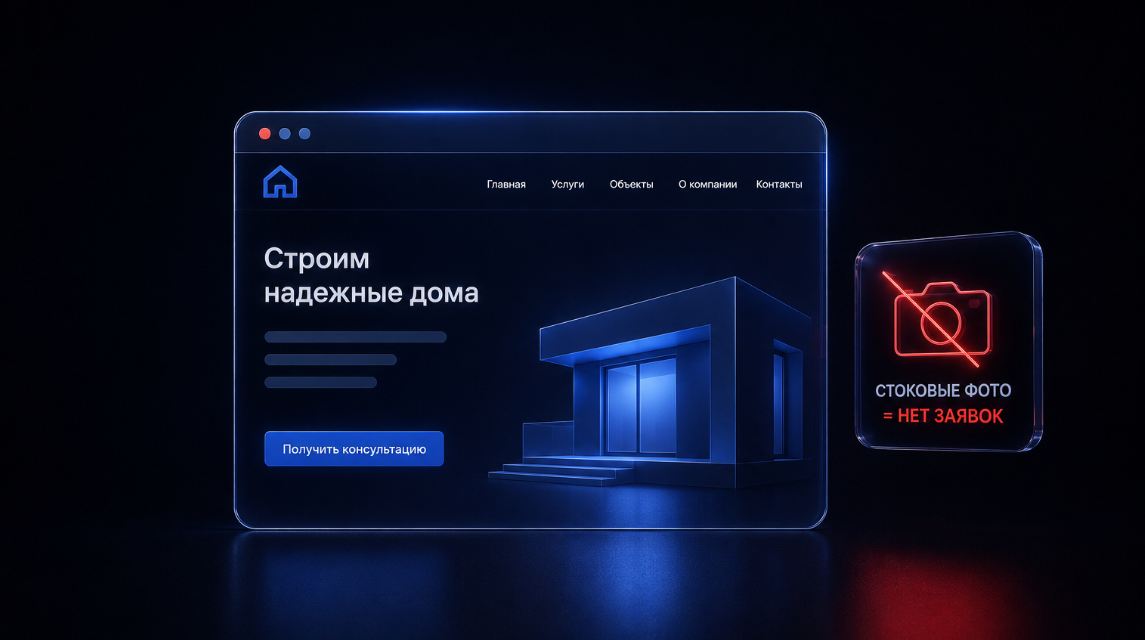 Макет сайта строительной компании и предупреждение: стоковые фото не дают заявок
